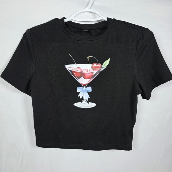 SHEIN Tops - SHEIN Women's Cherry Martini Graphic Crop Top M Black Y2K Baby Tee Cocktail Cool